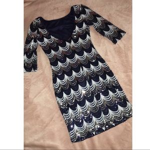 Navy silver and white scallop bodycon dress